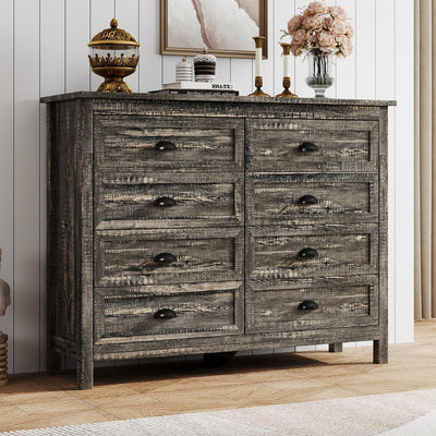 Rustic 8 Drawer Dresser for Bedroom, Modern Farmhouse Wood Dresser with Vintage Black Antique Handle, Double Dresser and Chest of Drawers for Hallway 8 Drawer Dresser, Rustic Brown Oak