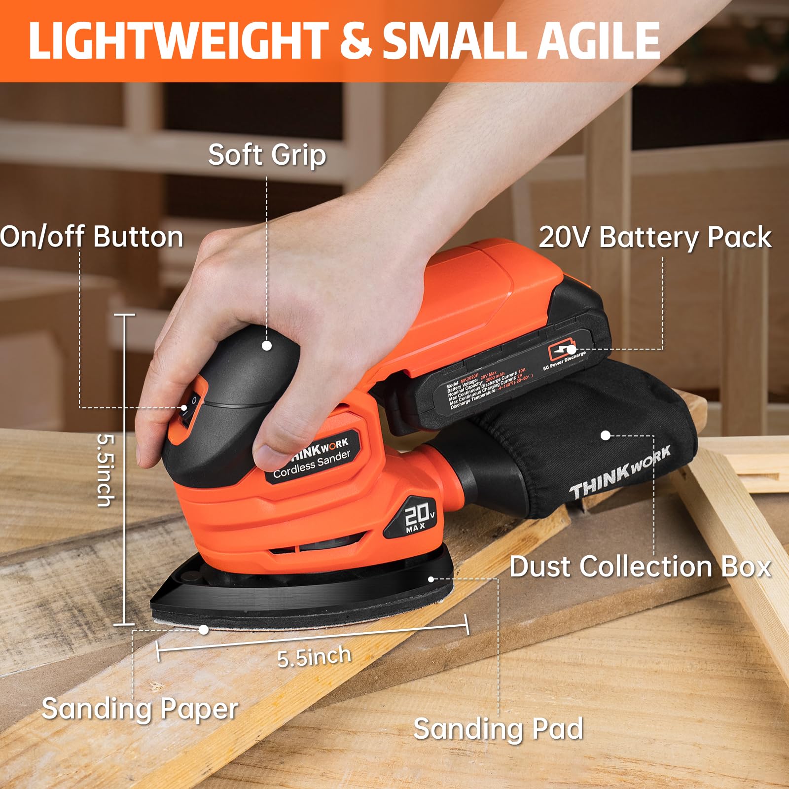 THINKWORK Cordless Detail Sander - 20V Electric Sander Tool with 21Pcs Sandpapers, 12000 OPM Power Sander with Dust Collection, Battery, Charger, Bag, Compact Hand Sanders for Woodworking,San - WoodArtSupply