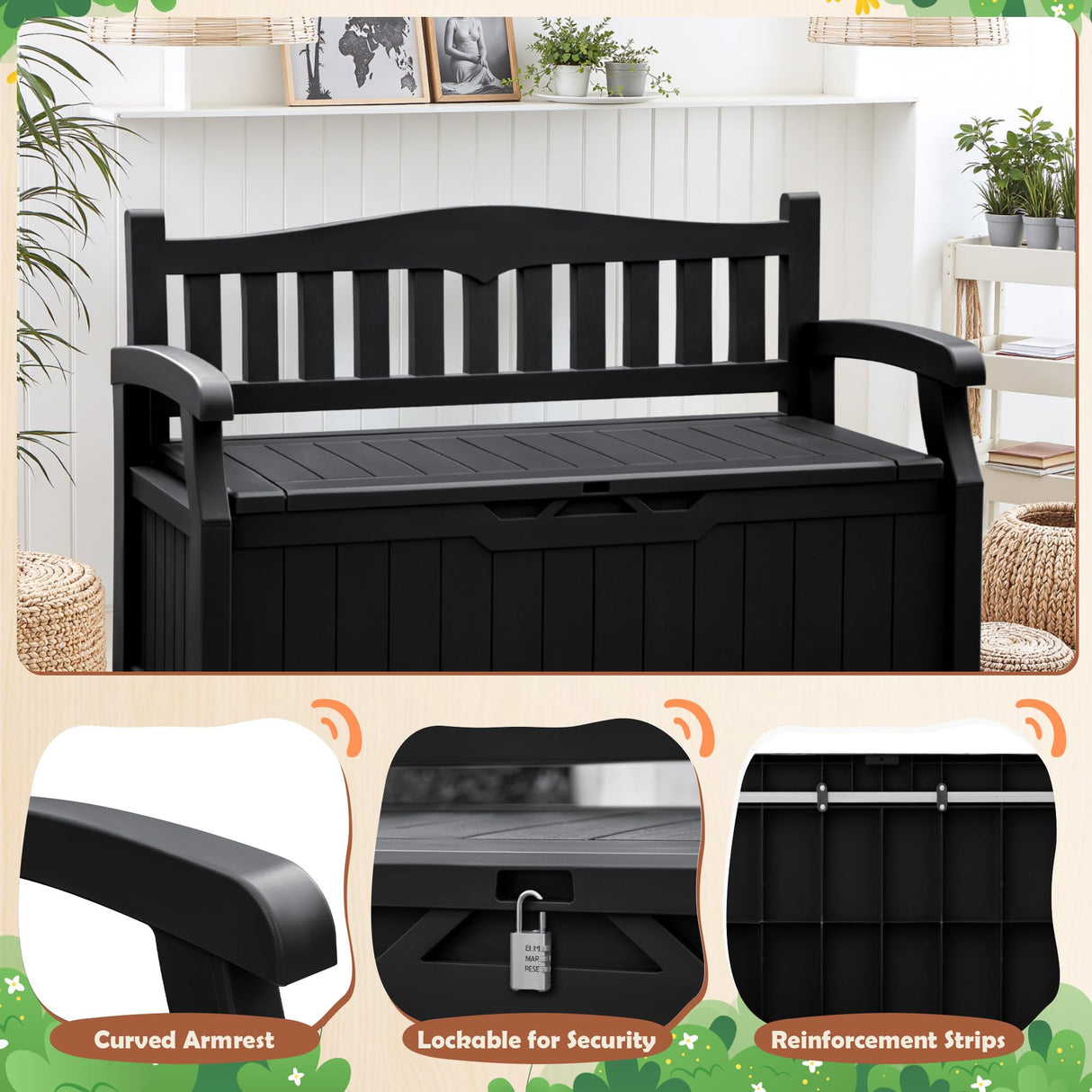 JUMMICO 80 Gallon Resin Outdoor Storage Bench, Large Deck Box with Armrest, Lockable & Waterproof for Garden, Home, Patio, Pools (Black) JUMMICO