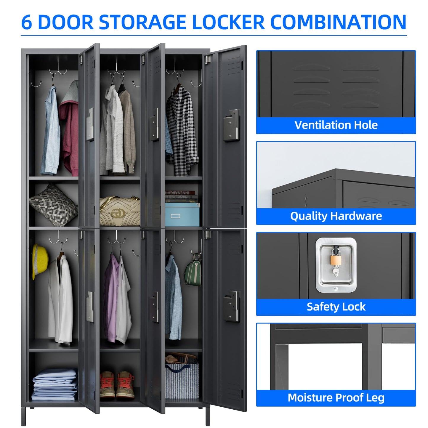 GangMei 6 Doors Metal Storage Locker, 72" H Employees Lockers Storage Cabinet with 12 Hooks, Lockable Steel Locker for Home, Office, Gym, School - WoodArtSupply