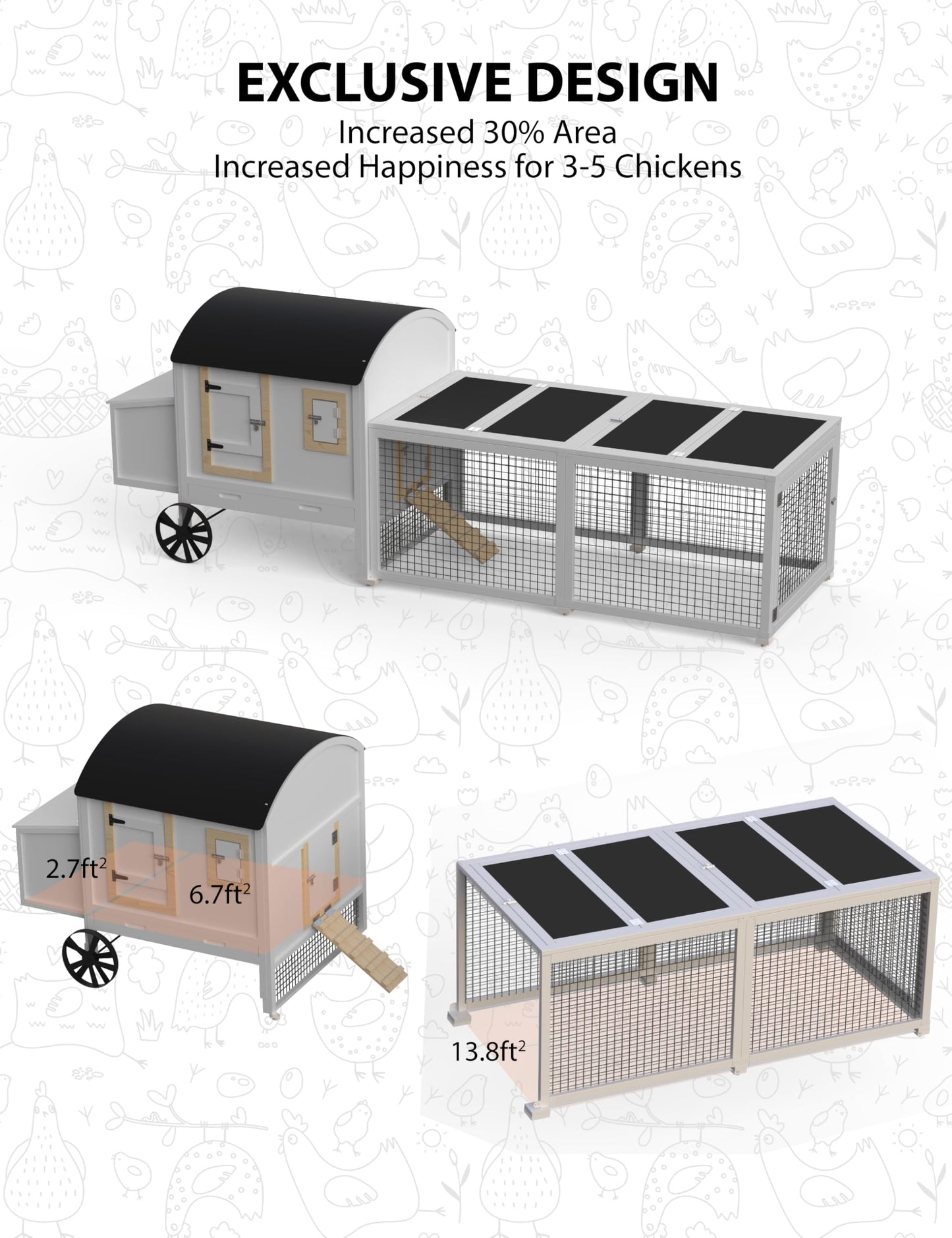 VerisShade Chicken Coop, Wooden Chicken Coop for 3-5 Chickens, 106in Outdoor Chicken Coop with Run, Waterproof Roof, Nesting Box, Pull Out Trays and Ramp, White Carriage