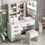 Leavader Vanity Desk Set with Lighted Mirror and Stool, Makeup Table with Sliding LED Lighted Mirror-3 Color Models, Makeup Desk with 6 Drawers & Shelves & Cushion Stool, Dressing Table for Home Apt Leavader