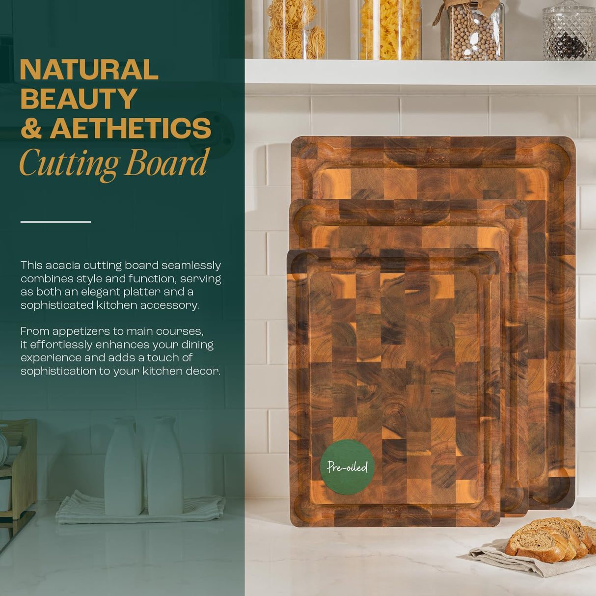 Yes4All Durable Acacia Cutting Boards for Kitchen, [17''Lx13''Wx1.5” Thick] Medium End Grain Cutting Board, Pre Oiled Wood Cutting Boards, Thick Chopping Board w/Juice Grooves and Easy Grip Handle Yes4All