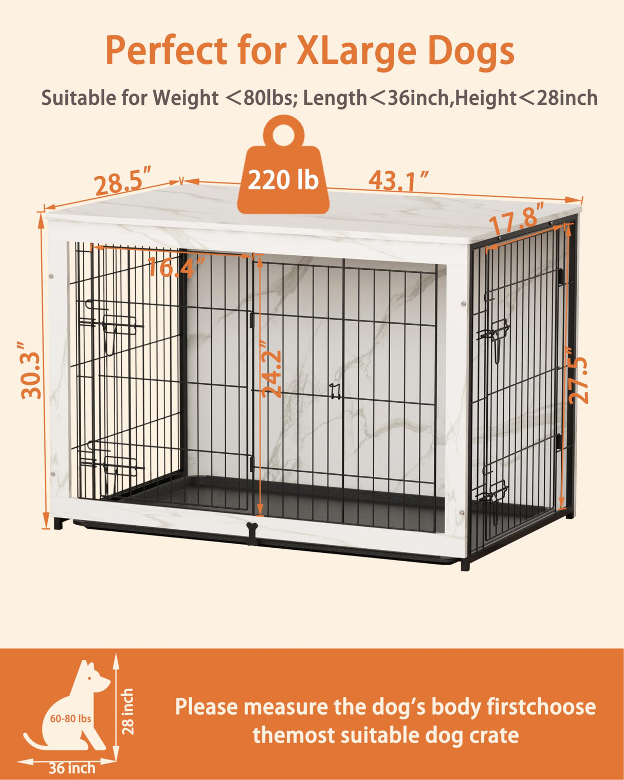 Megidok Wooden Dog Crate Furniture with Cushion, Dog Crate End Table with Tray, Double Doors Dog Crate(*L:43.1" L*28.6" W*30.3" H, Marble White) Megidok