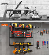 JUNNUJ Power Tool Organizer with 10 Outlet Power Strip, 3 Layer Wall Mount Drill Holder with Charging Station, 4 Drills Storage Shelf Shop Garage Utility Rack, Black JUNNUJ