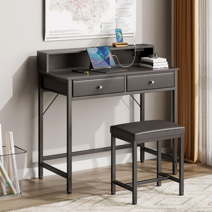 Seventable Vanity Desk Without Mirror, Makeup Vanity with Drawers and Charging Station, Small Desk with Storage for Bedroom, Simple Home Office Computer Desk for Small Spaces, Black