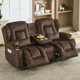 URRED Loveseat Rocker Recliner Sofa with Console, Manual Reclining Loveseat RV Couch Double Rocking Chair Nursery with Cup Holders, Side Pocket, Bluetooth Speaker, USB, Outlets (Brown) URRED