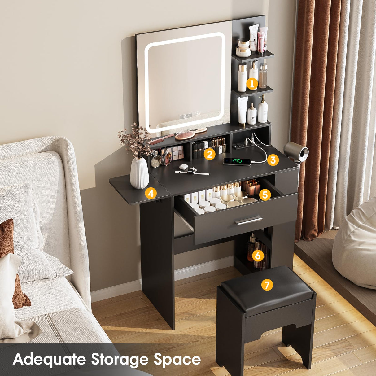 Fameill Vanity Desk with Mirror and Light, Small Vanity with Drawer & Shelves, Black Vanity with Charging Station & Time Display, Vanity Table with Storage Stool, Makeup Vanity for Bedroom Fameill