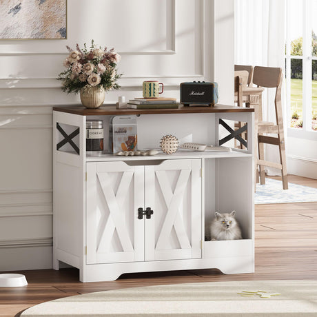 ZYKZYK Cat Litter Box Enclosure Tall Hidden Litter Box Furniture Cat House Wooden Cat Washroom Cabinet 2-in-1 Farmhouse Design for Living Room,Hallway,White Walnut ZYKZYK