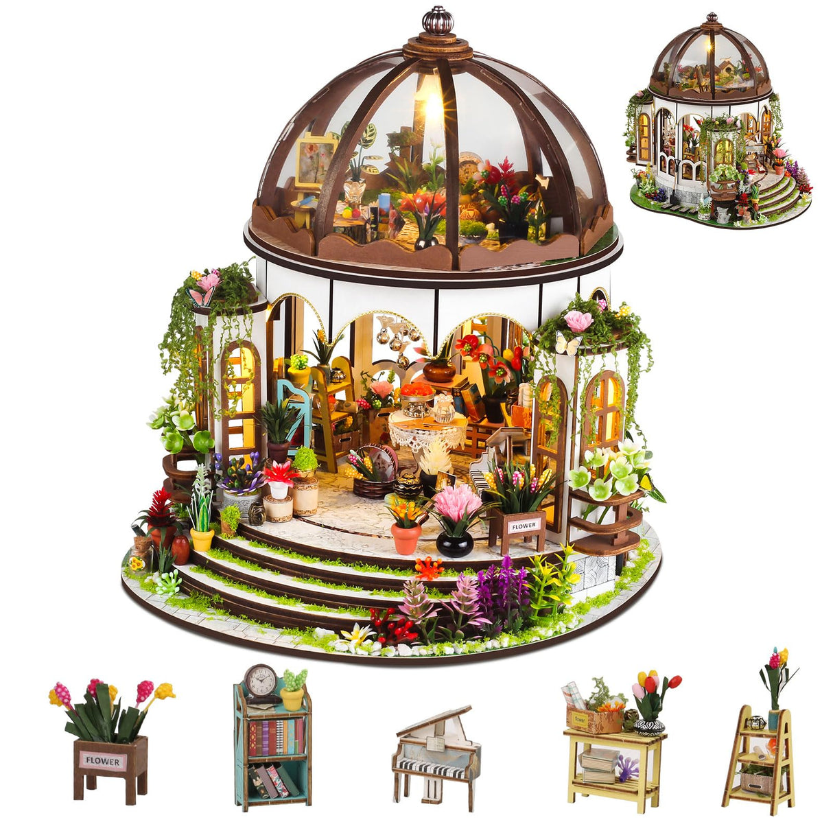 DIY Miniature House Kit,Green Garden Mini House Building Kit with LED & Furniture,Tiny House Dollhouse Kit for Adults Teen Hobby,Wooden Craft Mini Model Kit,Plants Lover Home Decor Birthday Gifts FLYNOVA