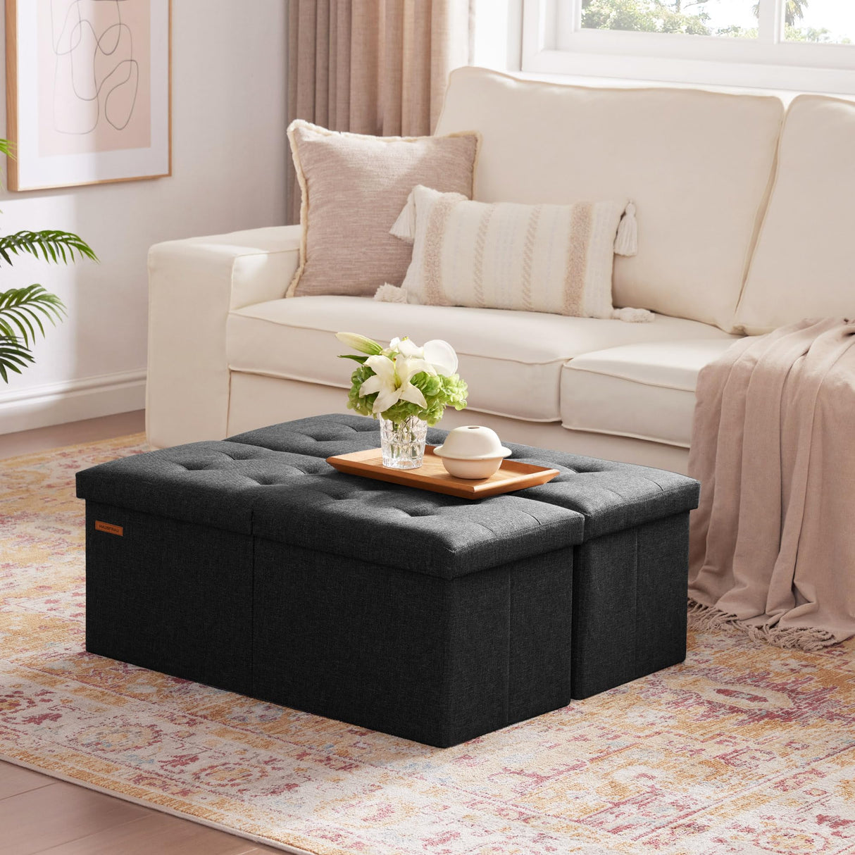 HAUSFRAU 31.5 Inches Ottoman with Storage, Folding Ottoman Bench Small Foot Rest Stool, Bedroom Bench with Flipping Lid, Linen Black HAUSFRAU
