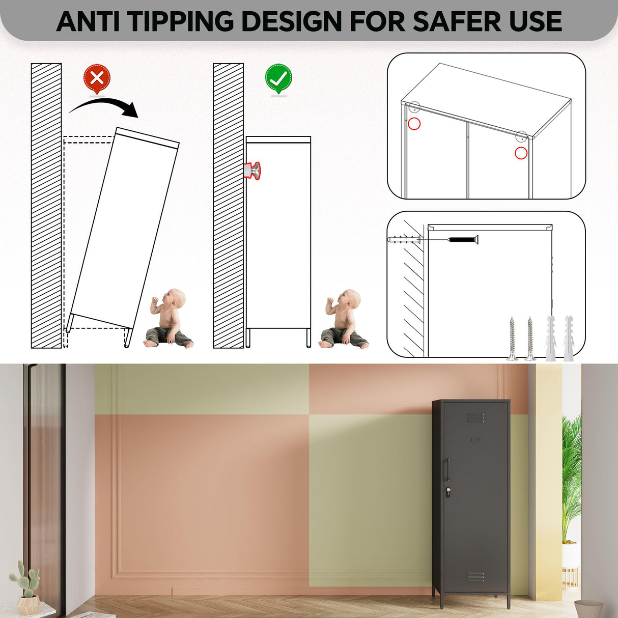 MIOCASA Metal Storage Locker Steel File Cabinet with 3 Shelves 59.06-inch high for School, Bedroom, Home Office, Gym and Changing Room MIOCASA