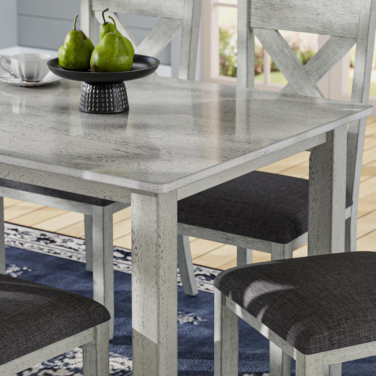 VECELO Peatuk 6-Piece Solid Wood Dining Table Set for 6, Modern Breakfast Dinette Kitchen Table with Chairs for Dining Room, Kitchen, Grey Peatuk