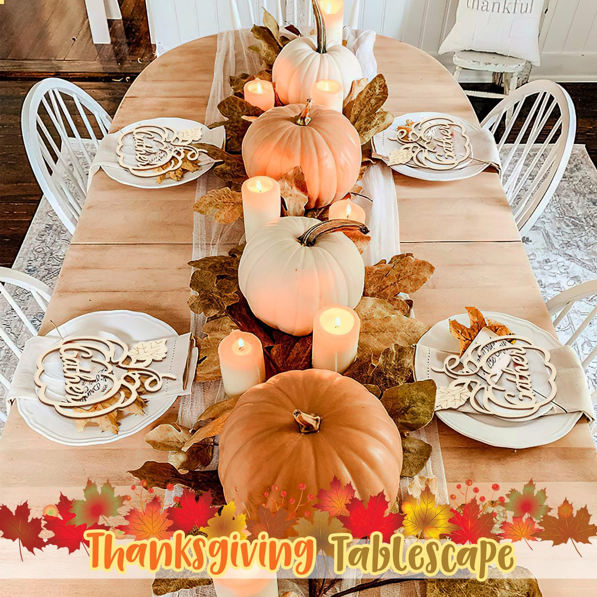 12 Pcs Thanksgiving Pumpkin Wooden Plate Decor Grateful Wood Cutouts Fall Autumn Thankful Blessed Favour Gather Party Place Card Table Settings Signs for Farmhouse Dining Table Holiday Harvest Sophena