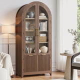 win2win Tall Arched Cabinet with Glass Doors, 68.9" Pantry Storage Cabinets with Fluted Doors & Adjustable Shelves, Mid Century Modern Wood Display Bookcase for Kitchen, Living Room, Bathroom, Walnut win2win