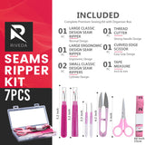 Seam Ripper Kit 7 Pcs - 1 Large, 1 Ergonomic, 2 Small Seam Rippers, Thread Cutter, Scissor, Measuring Tape - Sewing Accessories for Notions Quilting Crafts Riveda