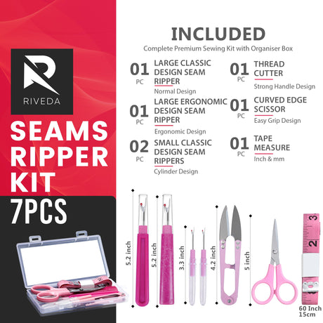 Seam Ripper Kit 7 Pcs - 1 Large, 1 Ergonomic, 2 Small Seam Rippers, Thread Cutter, Scissor, Measuring Tape - Sewing Accessories for Notions Quilting Crafts Riveda