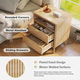 Fluted Nightstand with Charging Station, 19.7 inch Wide End Table with 2 Drawers, Modern Wood Bedside Table for Bedroom(Natural) LYNCOHOME