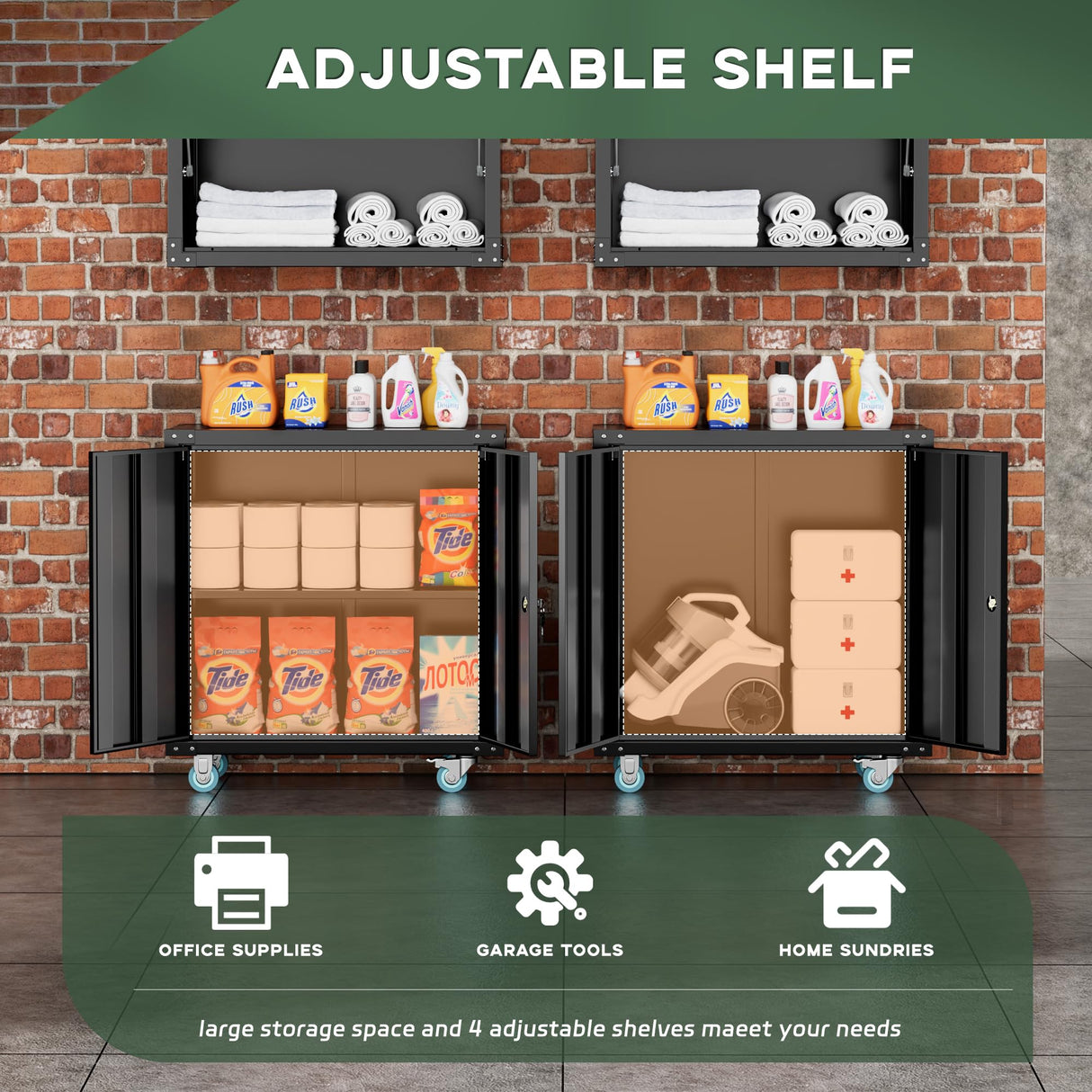 Greenvelly Metal Cabinet with Wheels,Black 36" Rolling Storage Cabinet with Locking Doors and Adjustable Shelves,Small Metal Garage Storage Cabinet with Wheels for Home,Kitchen,Office,Warehouse Greenvelly