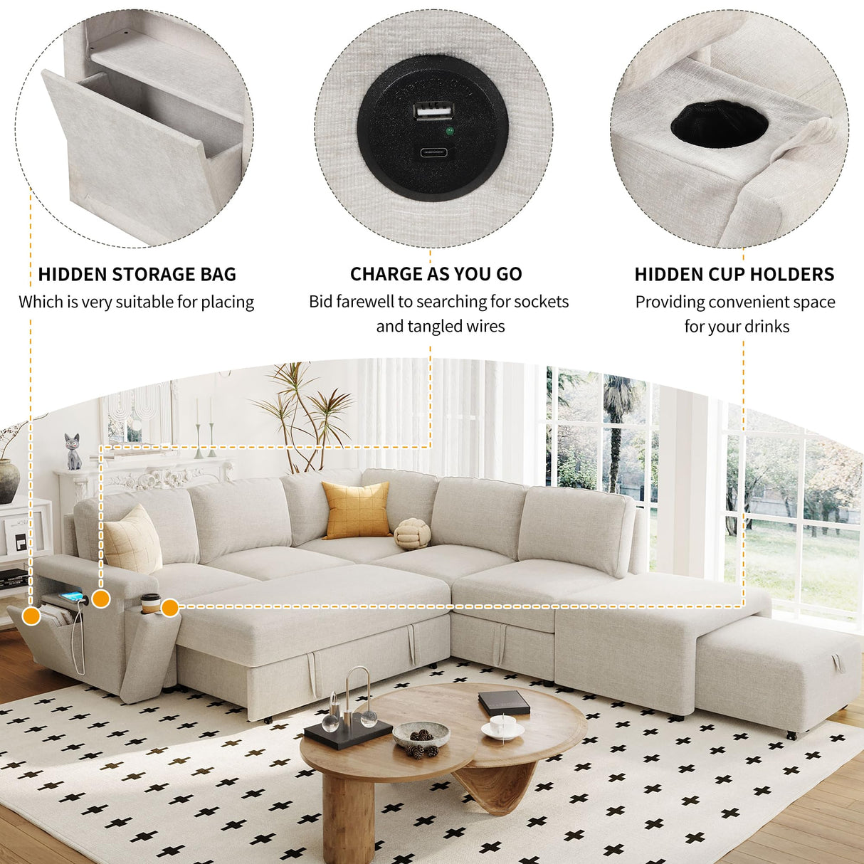 Merax L-Shaped Sectional Sofa with Removable Storage Ottoman, USB Ports and Cup Holder, Upholstered Modular Couch & Armrest, Free Combination Indoor Furniture for Living Room, Apartments, Beige Merax