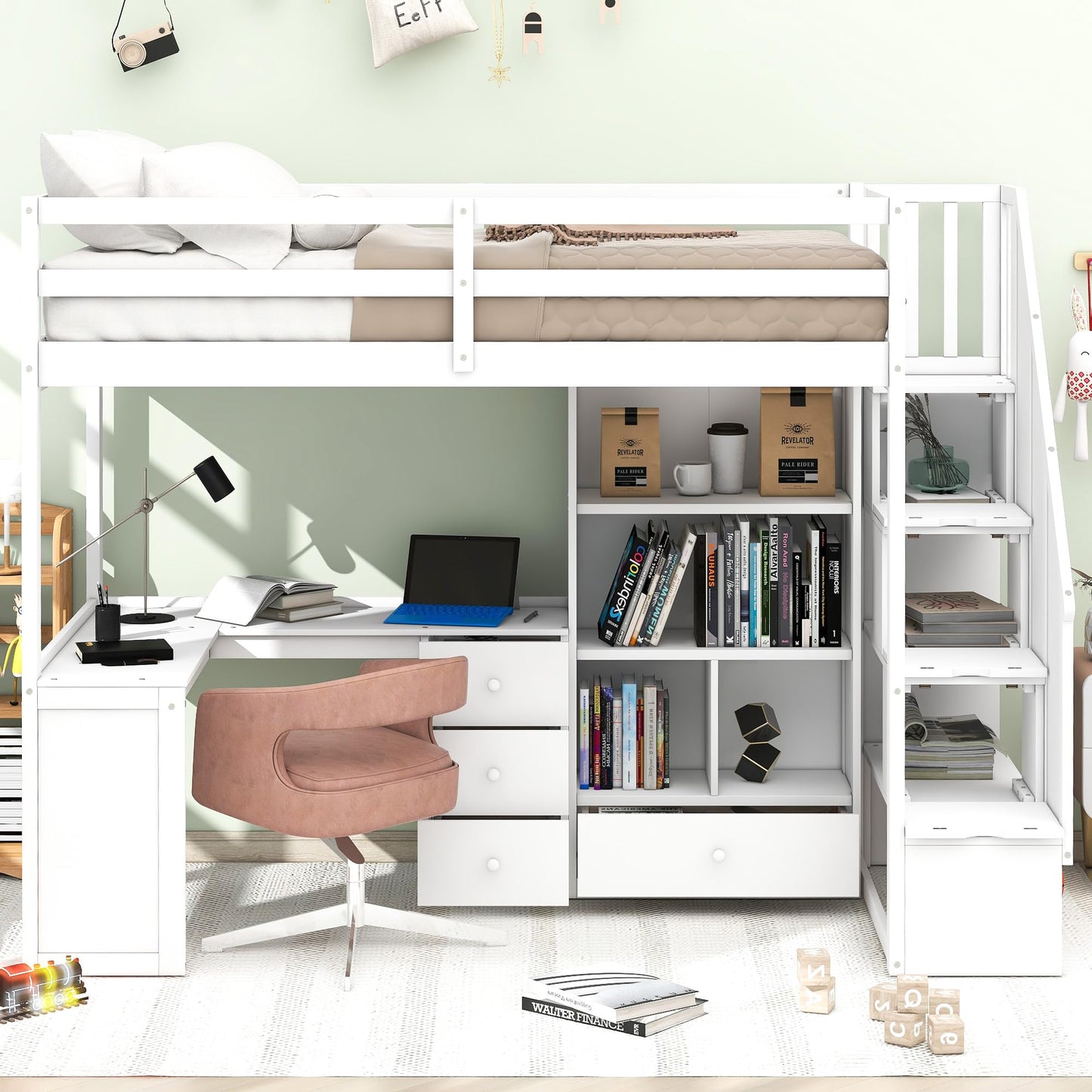 SOFTSEA White Twin Loft Bed with Desk, Stairs, and Storage for Kids and Teens