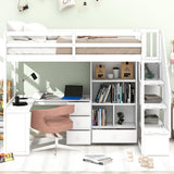 SOFTSEA White Twin Loft Bed with Desk, Stairs, and Storage for Kids and Teens SOFTSEA