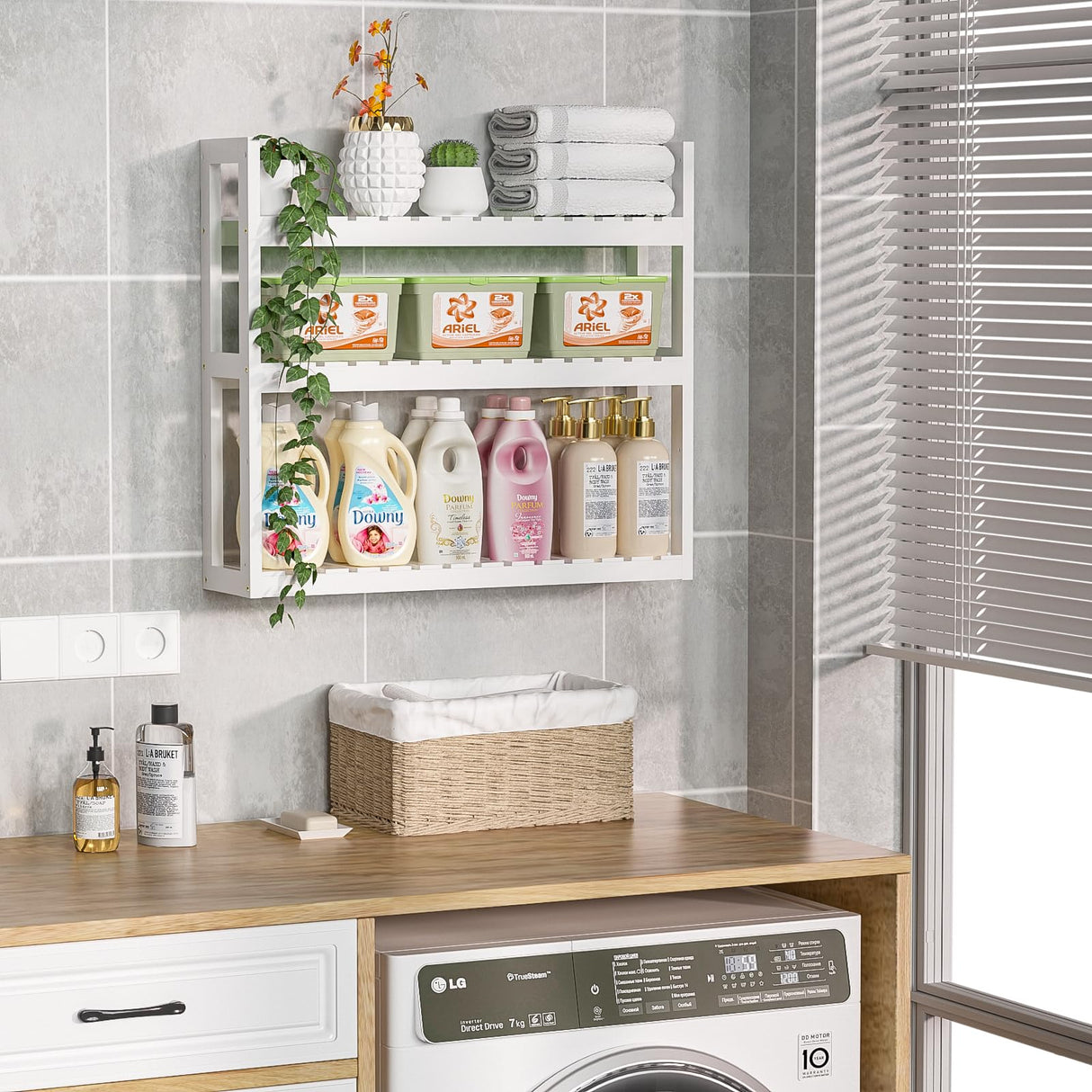 Domax Bathroom Shelves Over Toilet Storage - 3 Tier Wall Mounted Bamboo Bathroom Shelf Organizer Multifunctional Adjustable Layer Free Standing Utility Shelves for Bathroom Living Room Kitchen, White Domax