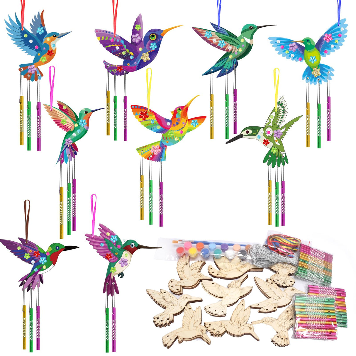 Fennoral 27 Pack Hummingbird Wind Chime Craft Kit for Kids Make Your Own Hummingbird Craft Wooden Ornaments for Girls and Boys DIY Crafts Activity Birthday Spring Summer Decoration Fennoral