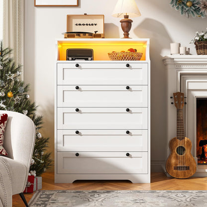 EnHomee Dresser for Bedroom, White Dresser with LED, Tall Dresser with 5 Wood Drawers, White Dresser for Bedroom, Bedroom Dressers & Chests of Drawers, Dressers for Bedroom with Metal Handles