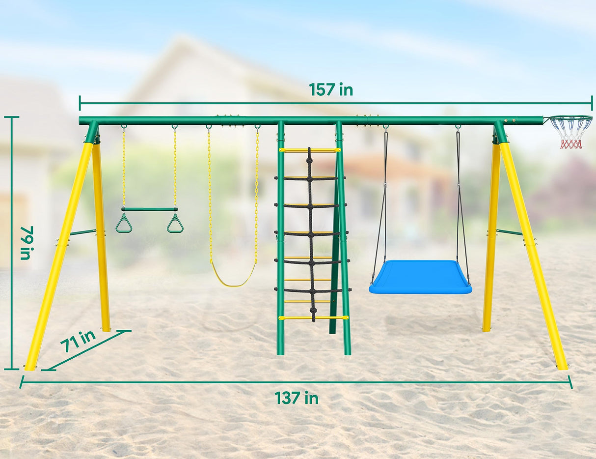 Osoeri Swing Sets for Backyard, 6 in 1 Swing Sets,Heavy-Duty Metal Swing Sets for Backyard with 2 Swings, Climbing Ladder and Nets,Trapeze Bar and Basketball Hoop Osoeri