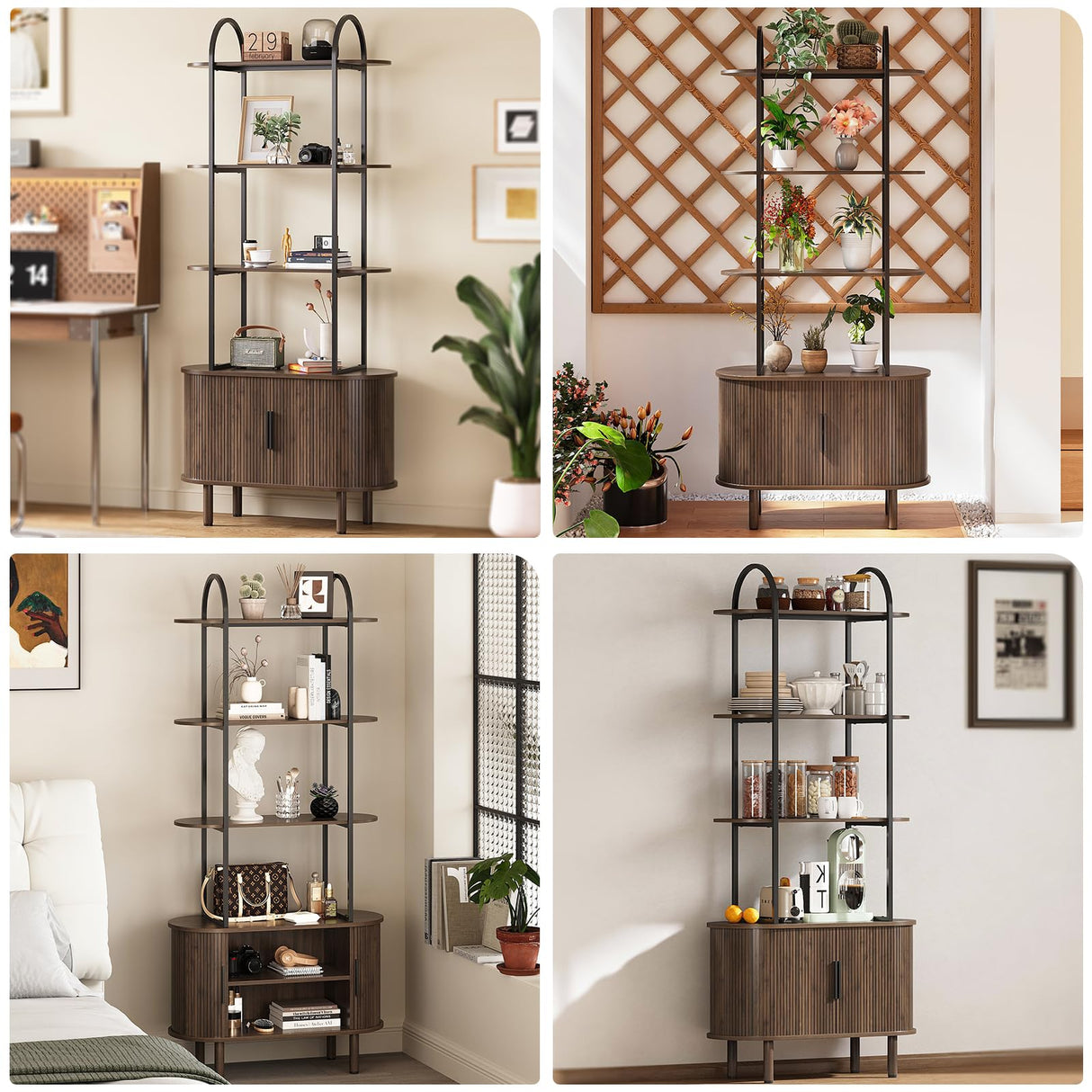 Espelism 71" Tall Mid-Century Display Shelf Bookshelf with Sliding Tambour Doors, 4-Tier Freestanding Vinyl Record Player Stand Fluted Storage Cabinet for Living Room, Bedroom, Home Office Espelism