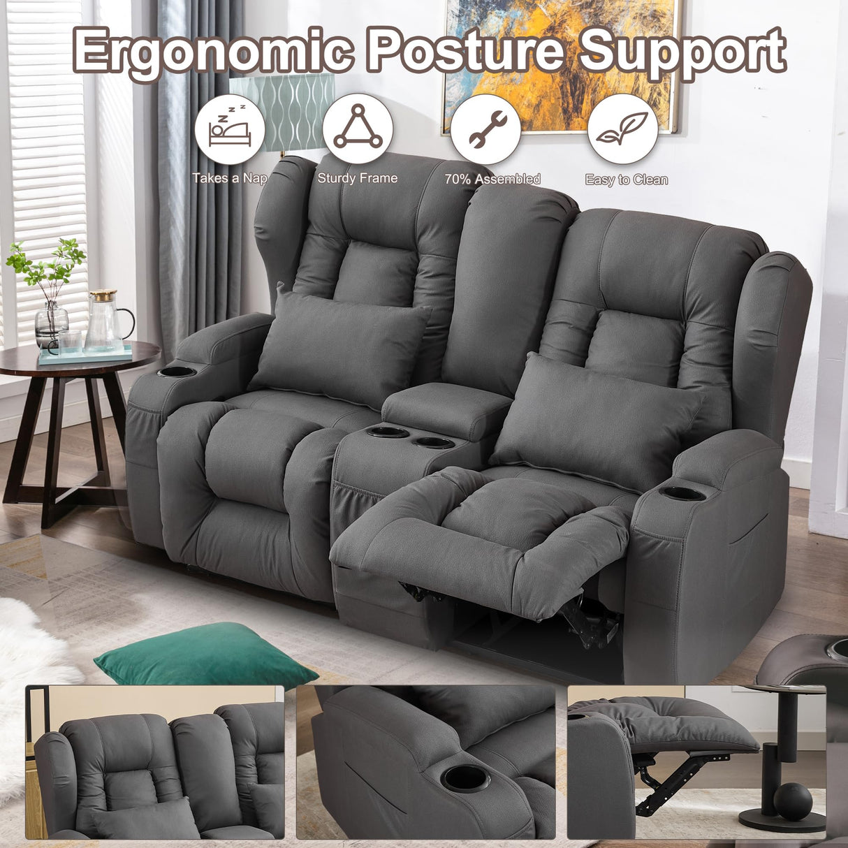 URRED Loveseat Recliner Sofa with Console, RV Manual Reclining Loveseat Couch Home Theater Seating with Cup Holders/Side Pockets/Pillows/Hide Storage for Living Room, Gray URRED