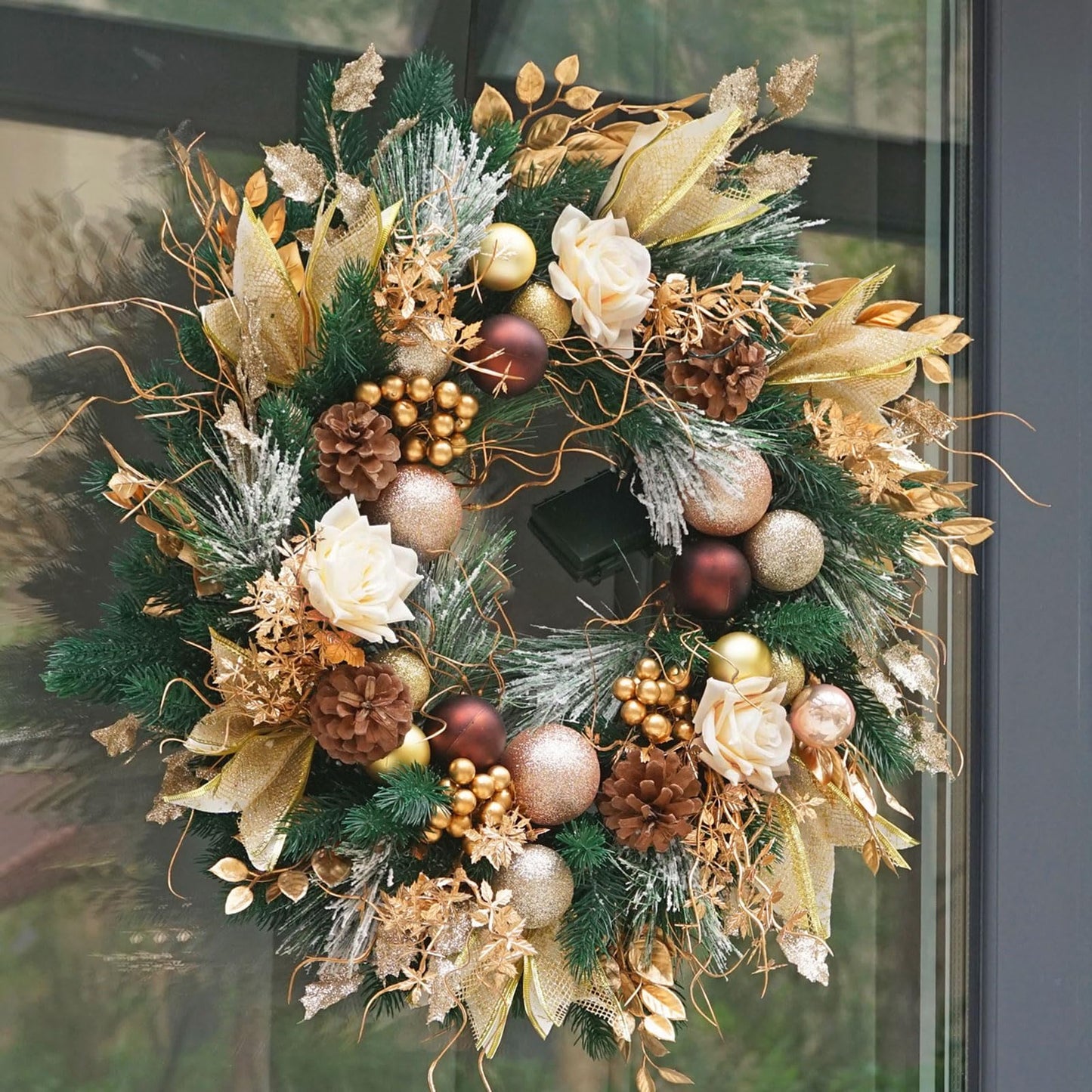 Christmas Wreaths for Front Door with Lights Pre-Lit, Soomeir 24“ Champagne Gold Door Wreath with Ball Ornaments, Battery Operated Holiday Thanksgiving Fall Winter Decor (Gold)