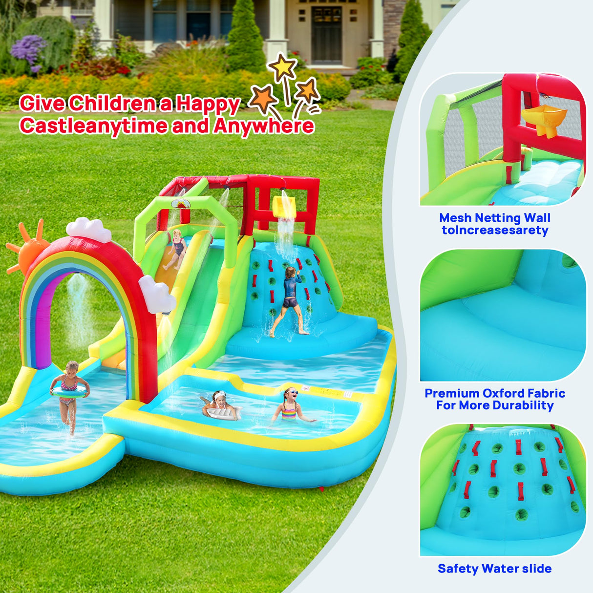 WELLFUNTIME Inflatable Water Double Slides Park with Blower, Bouncy Castle with Rainbow Water Curtain, with Shooting and Rock Climbing WELLFUNTIME