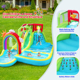 WELLFUNTIME Inflatable Water Double Slides Park with Blower, Bouncy Castle with Rainbow Water Curtain, with Shooting and Rock Climbing WELLFUNTIME
