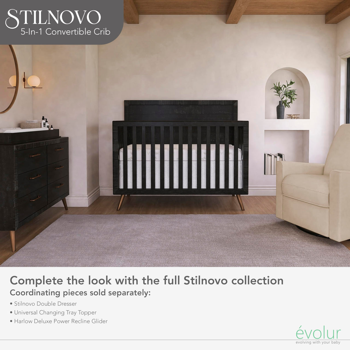 Evolur Stilnovo Mid Century 4-in-1 Convertible Crib, in Onyx Black Evolur