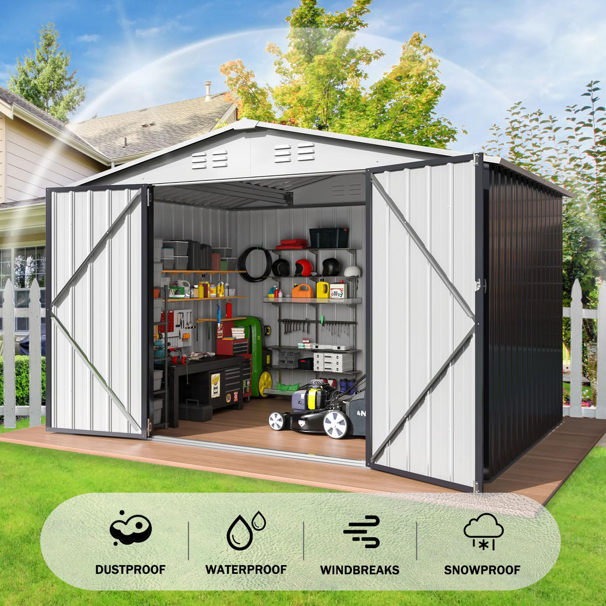 Polar Aurora 6x8 FT Outdoor Storage Shed, Metal Garden Shed with Updated Frame Structure, Tool Sheds for Backyard Garden Patio Lawn White Polar Aurora