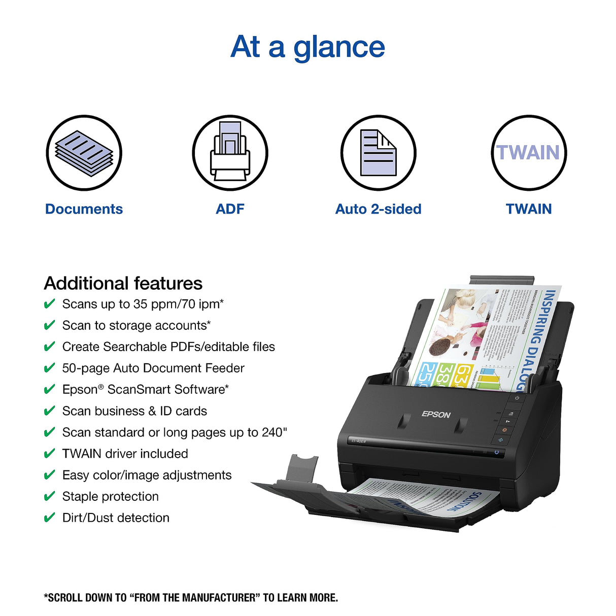 Epson Workforce ES-400 II Color Duplex Desktop Document Scanner for PC and Mac, with Auto Document Feeder (ADF) and Image Adjustment Tools, ES-400 II Epson