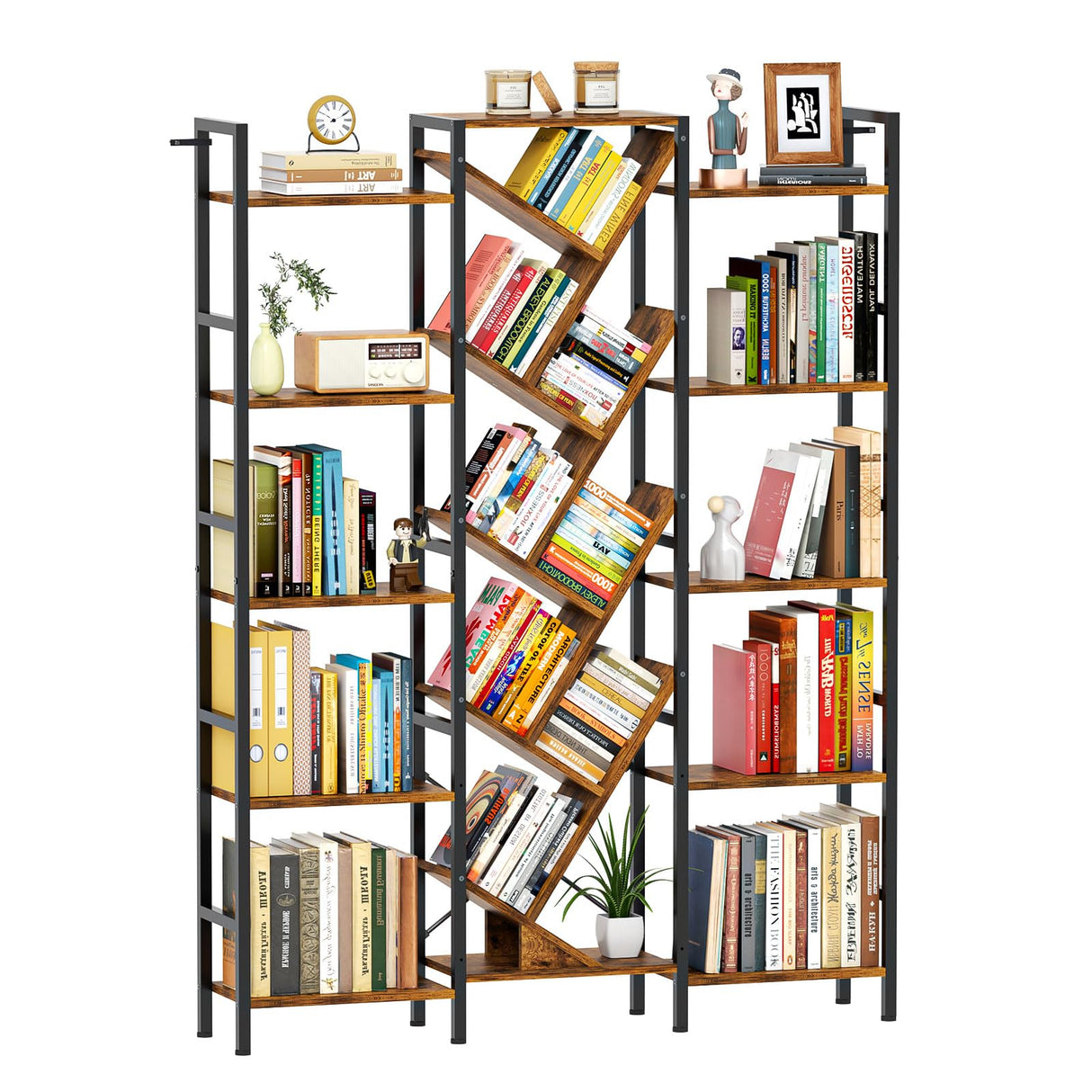 Cutogxon Triple 5 Tier Bookshelf, Large Bookcase Industrial Bookshelf with 19 Open Display Shelf, Wooden Wide Tall Tree Bookshelf for Living Room Home Office, Rustic Brown Cutogxon