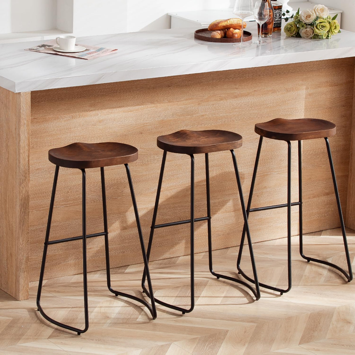 HeuGah Bar Stools Set of 3, Solid Wood Counter Height Bar Stools 30 Inch Saddle Seat Barstool Rustic Tall Bar Height Stool for Kitchen Island with Metal Leg (Walnut, 3 PCS 30Inch Barstool) HeuGah