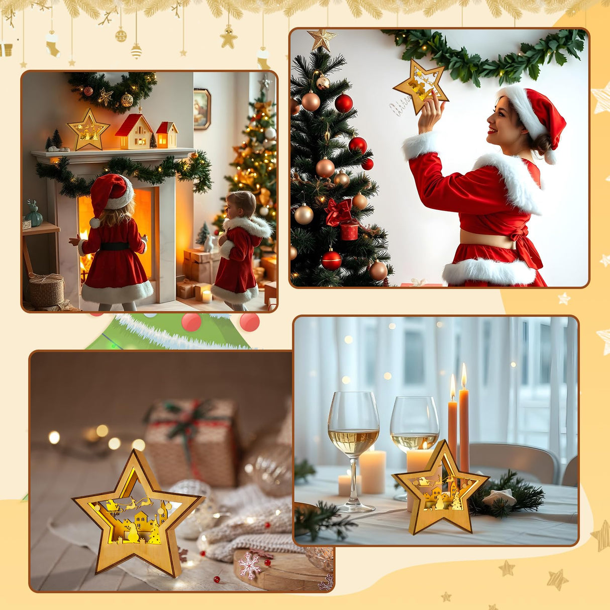 OurWarm Christmas Tree Topper Star Lighted, Wooden Star Tree Toppers Christmas Decorations, Christmas Tree Star Topper with Lights, Rustic Tree Topper for Shelves Tables Indoor Christmas Decorations OurWarm