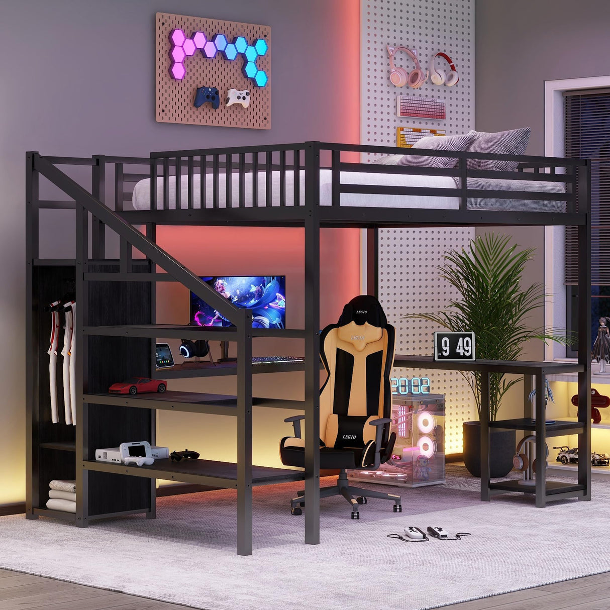Loft Bed with Desk Full Size, Gaming Loft Bed with LED Light for Adults, Heavy-Duty Loft Beds Frame with Stairs & Wardrobe & Storage Shelves, Bunk Bed with Steps for Teens Boys Girls Room Dorm, Black Mirightone