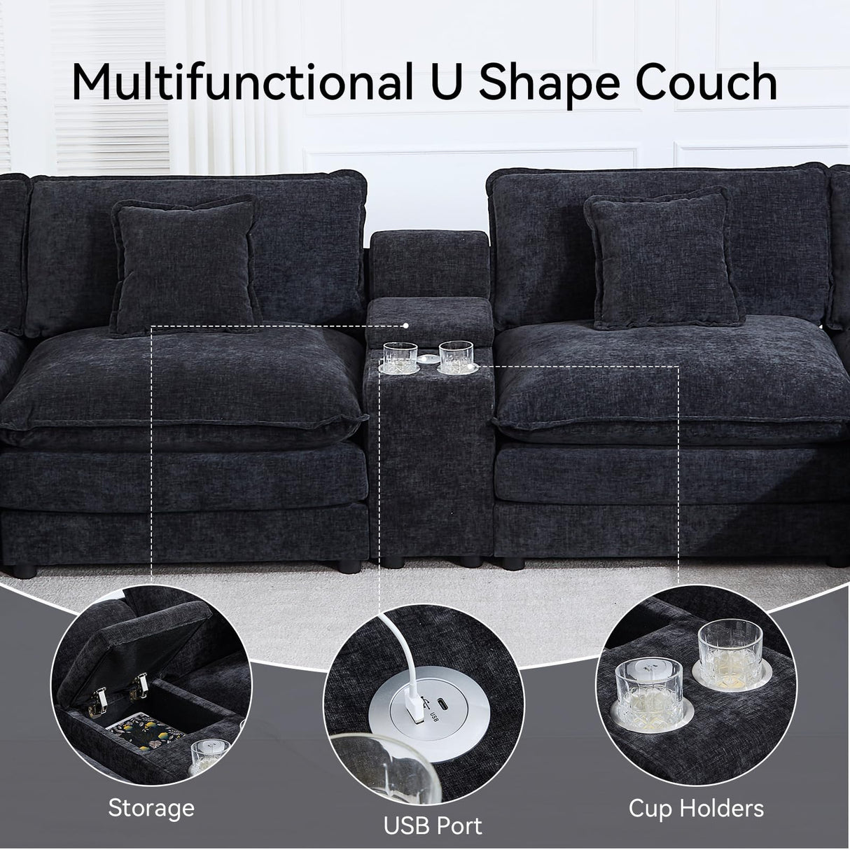 VEPXXP Oversized Modular Sectional Sofa, 159" Modern Large 6 Seater U Shaped Sectional Couch with Ottoman, Comfy Cloud Couches with Cup Holders & USB for Living Room, Spacious Space (Black) VEPXXP