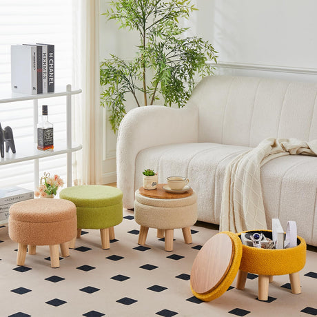 Wimarsbon Storage Ottoman, Modern Round Footrest with Soft Padded Seat, Teddy Velvet Footstool with Wood Legs, Accent Small Table or Plant Stand for Hallway, Living Room (Off-White) Wimarsbon