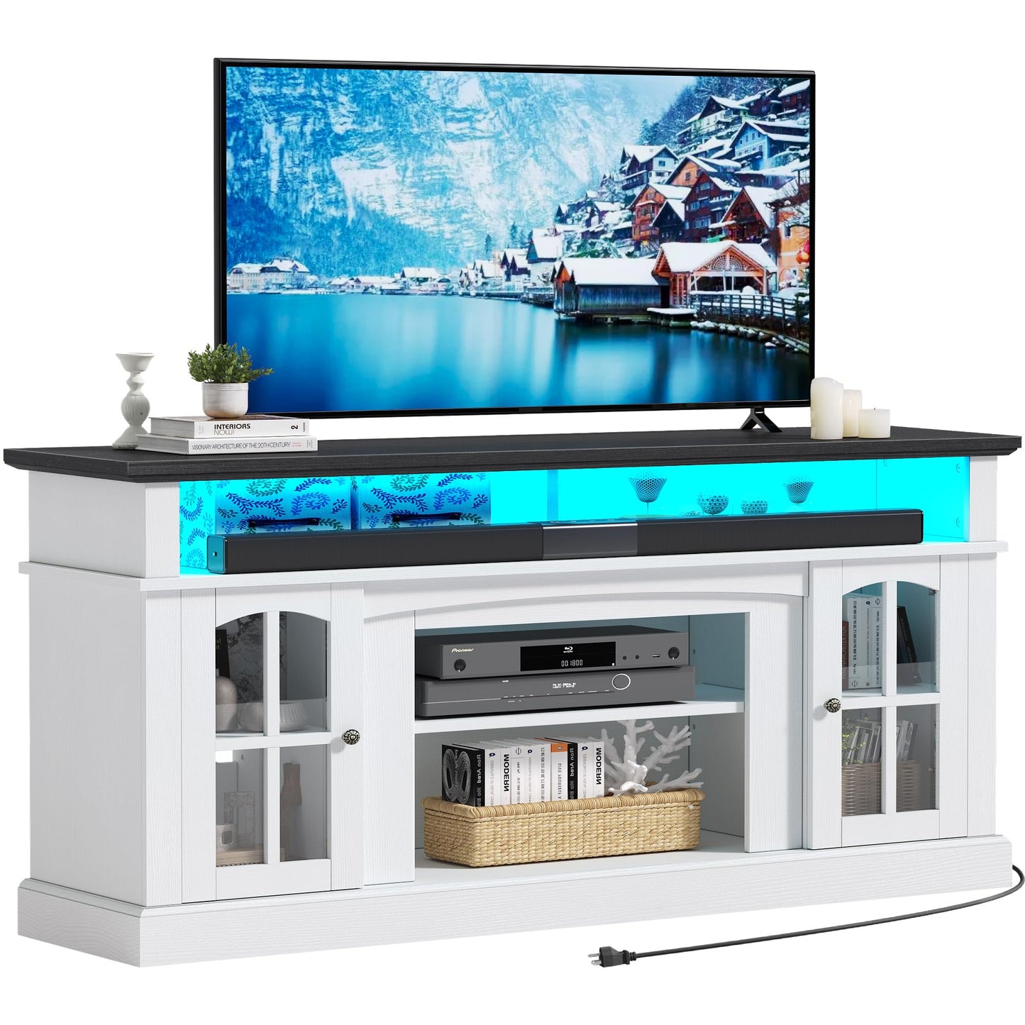 YITAHOME LED Farmhouse TV Stand for TV up to 65 Inch w/Outlets, Highboy Media Entertainment Center Console Table Adjustable Storage Shelves &Cabinet Glass Door for 400lbs for Living Room, White