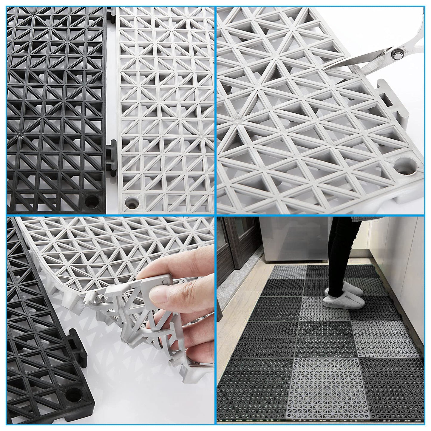 FengWu 12 Pack 12 x 12 Interlocking Rubber Bathroom Flooring Tiles Non-Slip Splicing Waterproof Mat Modular Interlocking Cushion Mat for Drain,Deck,Pool, Patio, Balcony, Shower, Kitchen, Yard, Grey