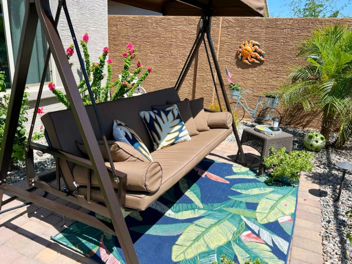 PURPLE LEAF Outdoor Patio Porch Swing Adjustable Backrest, 3-seat Swing Chair with Weather Resistant Steel Frame for Backyard Front Porch Lawn, Cushion and Pillows Included, Beige PURPLE LEAF