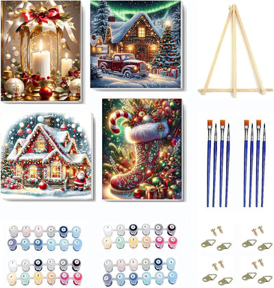 4 Pack Christmas Paint by Numbers Kit for Adults Beginner with Framed,Winter Easy Adult Paint by Number Kits on Canvas DIY Painting for Beginners Art by Numbers for Home Wall Decor 10x12-10x10 Inch