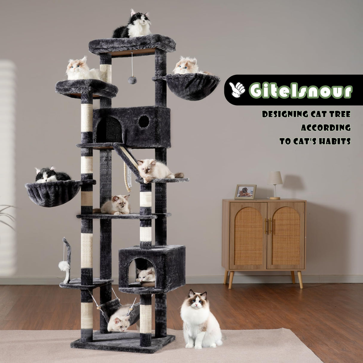 Gitelsnour Cat Tree for Large Cats, 78.7"(200cm) Tall Cat Tower for Indoor Cats Multiple Cats with Large Top Perch, Cat Condo, Cat Hammcok, Cat Scratching Post, Dark Gray GCT031G Gitelsnour