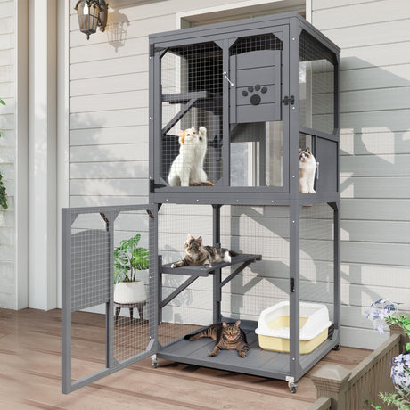 Merax Catio Outdoor Cat Enclosure, 4 Tiers Cat House with Wheels, Resting Box & Waterproof Roof, Indoor Large Cat House Cage， Grey Merax